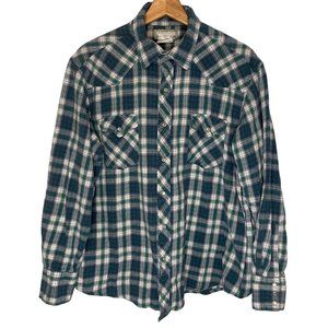 Vintage Wrangler Plaid Flannel Pearl Snap Western Work Shirt Women XL Blue Green